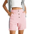 thumbnail image 2 of CQONEPT Shorts for Womens Buttons Side Striped Linen Shorts with Pockets Elastic Waist Fashion Short Pant Pink S, 2 of 7