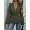 thumbnail image 2 of Women'S Elegant Solid Color Double Breasted Ruffle V-Neck Long Sleeved Shirt  Green XL, 2 of 8