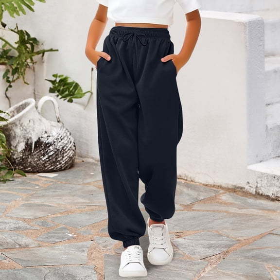 UACY Girls Jogger Sweatpants Cuffed Hem Drawstring Casual Pants with Pocket Comfy Soft Sweat Pants for Daily Lounge Streetwear (Navy, 9-10 Years)