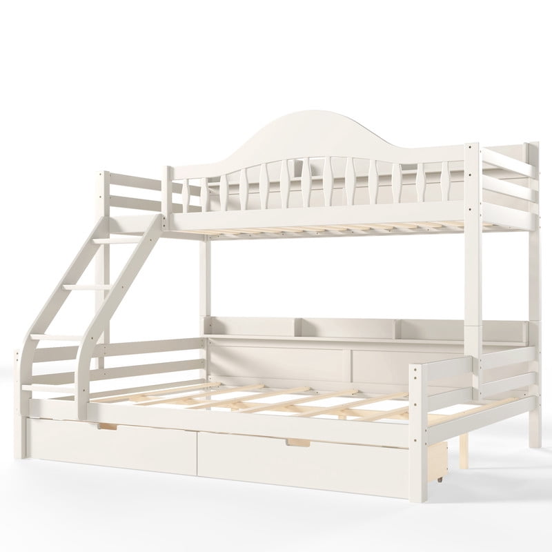 Twin XL Over Queen Bunk Bed with Storage Drawers, Solid Wood Bunk Bed Frame with Curved Guardrails, Side Storage Shelves and Ladder, No Box Spring Needed