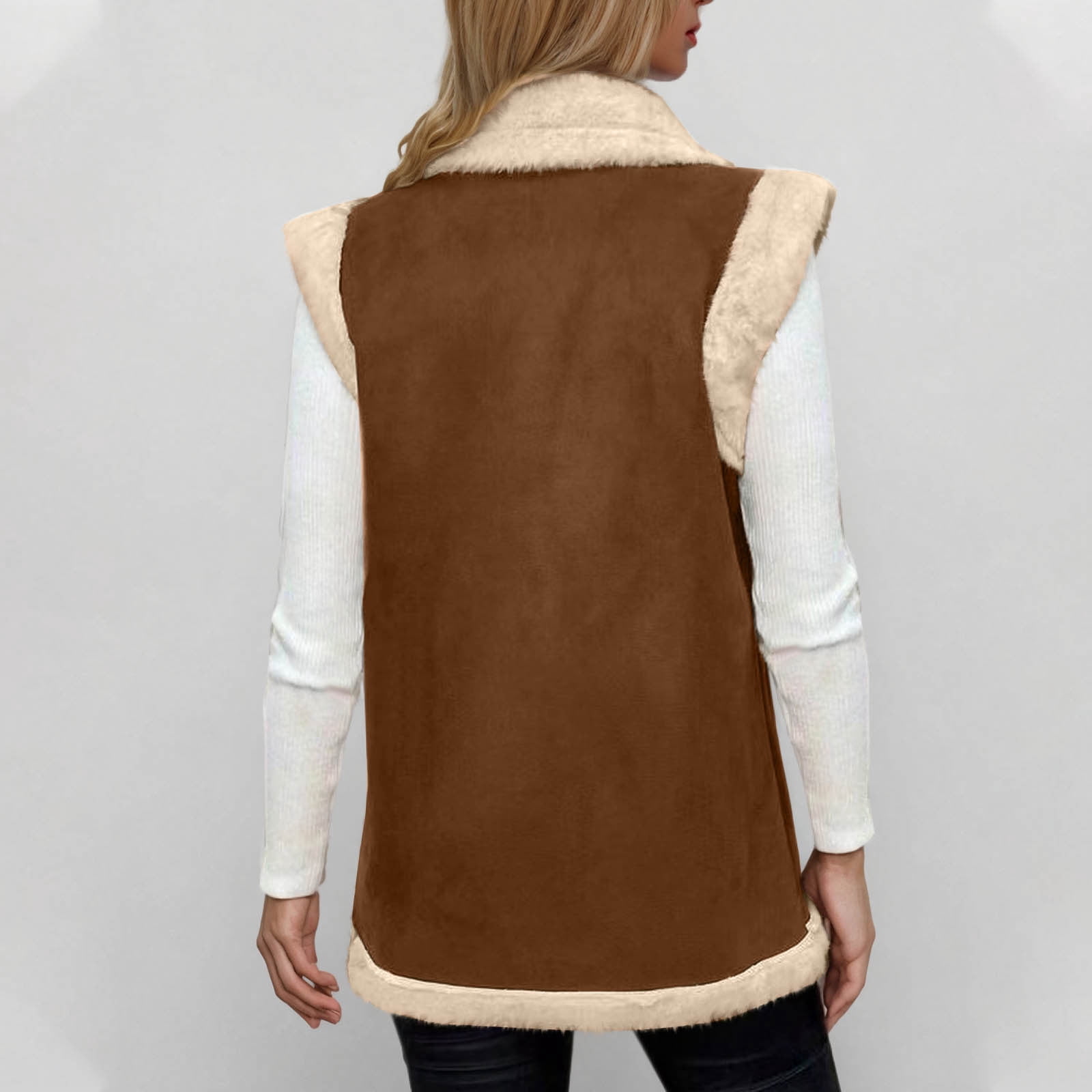 Sokhug Women's Sherpa Faux Leather Vest Jacket Winter Warm Sleeveless Coat with Pockets, Khaki