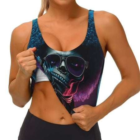 Qokaie Punk Style Blue Haired Skull Pattern Womens Scoop Neck Sports Bra Breathable Workout Vest Padded U Back Medium Impact Fitness Gym Yoga Bra Workout Crop Top