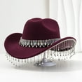 thumbnail image 2 of HJYCHN Stylish Western Cowboy Hat For Women Men With Large Round Gemstone Rhinestone Fringe Decorations Ideal Party Event Accessory Wine One Size, 2 of 3