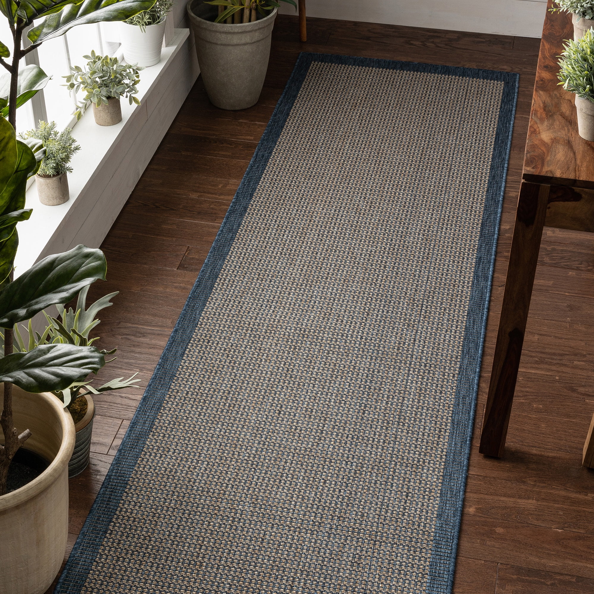 Well Woven Medusa Odin Solid & Striped Blue 2'7" x 9'10" Indoor/Outdoor Flat-Weave Runner Rug