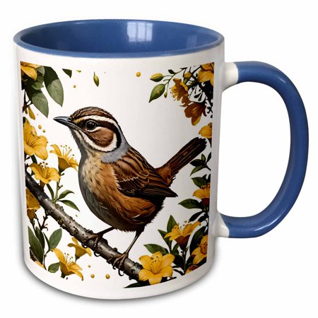 3drose, Carolina Wren Surrounded by Yellow Jessamine, 15oz Two-tone Blue Mug