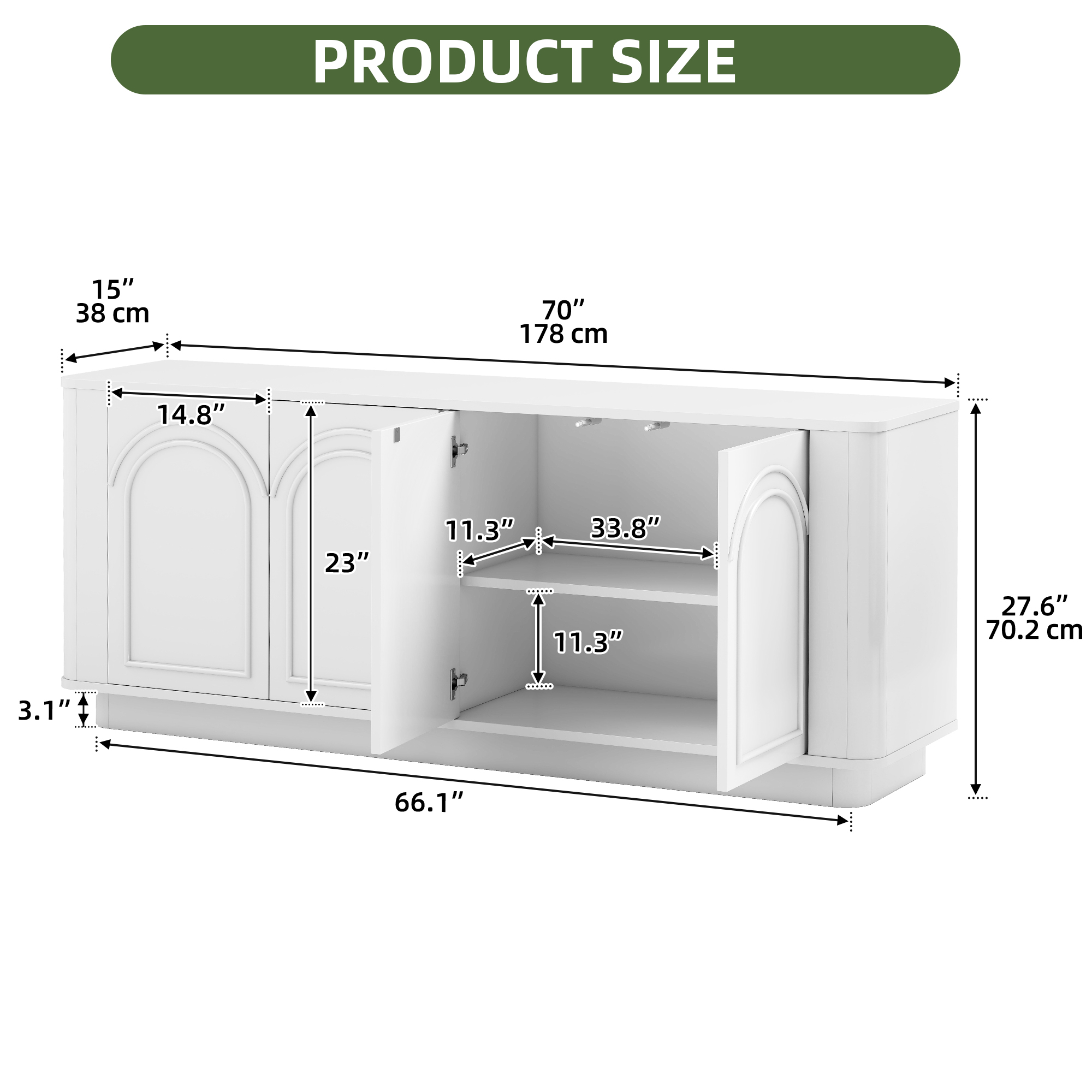 Uforic 70" TV Stand for TVs Up to 80", Entertainment Center with Cabinets & Arched Patterns for Living Room, White