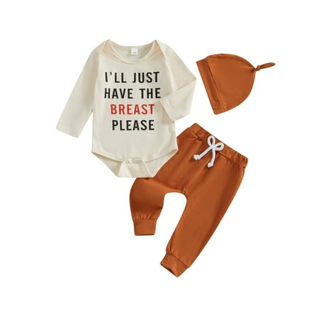 

Niceyoeuk Baby Thanksgiving Outfits Letter Long Sleeve Romper Pants Hat Set