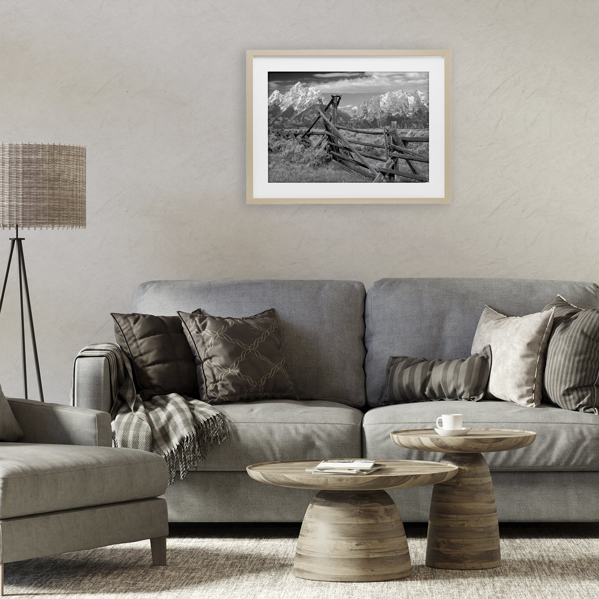 Grand Tetons Mountains & Fence Birch Framed Print Under Glass, design by MJ Photography