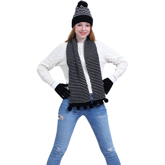 Ensemble d'Accessoires d'Hiver Bonnet Tricoté 3 Pcs pour Femmes, Gants et Foulard