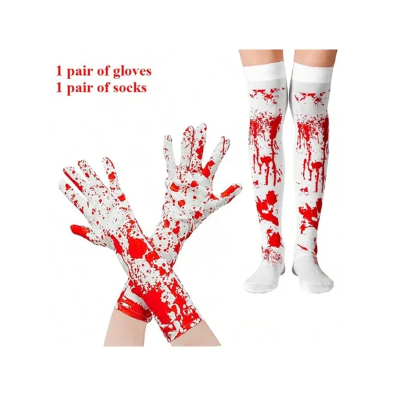 Halloween Blood Costume Set - Polyester, Handcrafted, Includes Bloody Zombie Socks, Gloves for Cosplay, Parties, Haunted Houses, Theater Performances