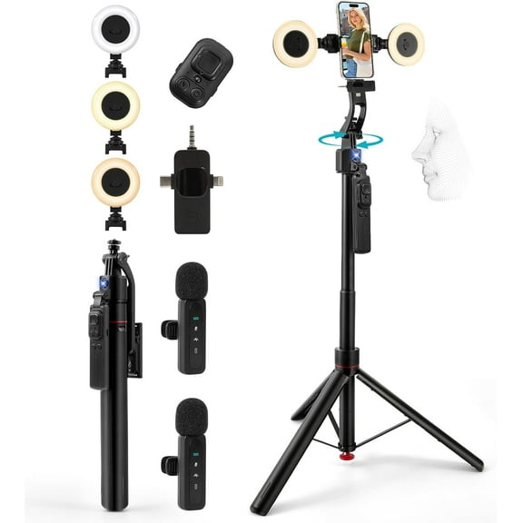 Vlogging Kit for iPhone/Android, 70”Auto Face Tracking Tripod Auto-Open Tripod Stand for iPhone with Light, Wireless Microphones with Remote, YouTube Starter kit for TikTok, Vlogging