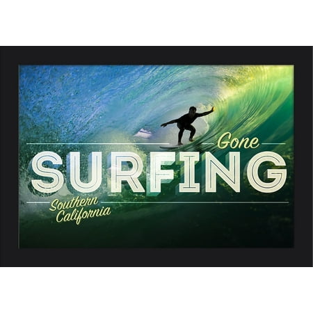 Southern California - Surfer in Wave - Gone Surfing - Lantern Press Photography (18x12 Giclee Art Print, Gallery Framed, Black (Best Surf Spots In Southern California)