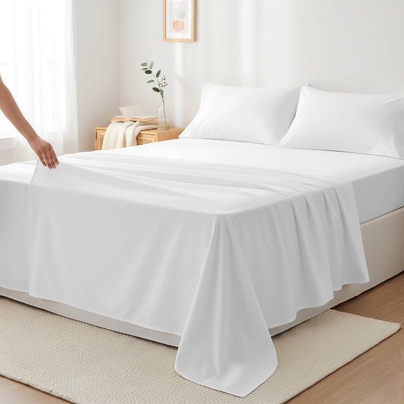 Máulli Collection Queen Size Sheets 400 Thread Count - 100% Cotton Sheets Queen (4 PC, White) Luxury Sateen Deep Pocket Soft Cooling Queen Sheets