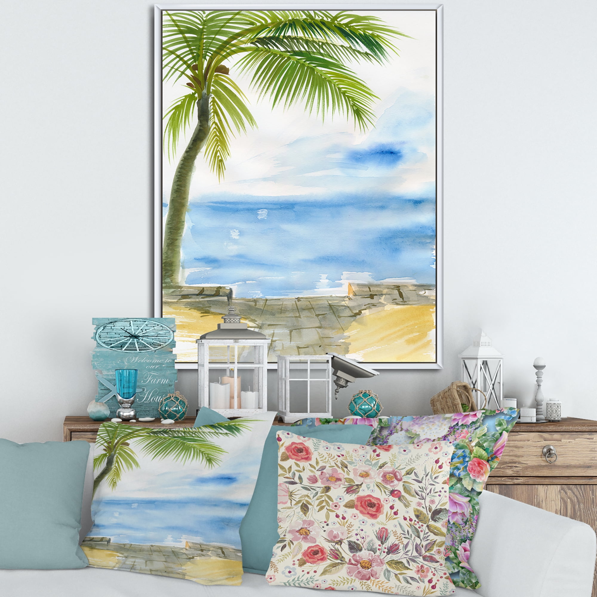 Designart 'Palm Beach Resort At Sunrise II' Nautical & Coastal Framed Canvas Wall Art Print