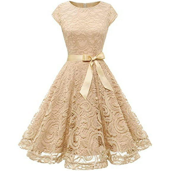 QENGING Spring Dresses for Women Lace Short Sleeves Round Neck Party Eedding Guest Dresses Cocktail Ballgown Vintage Dress Beige 2023 Casual