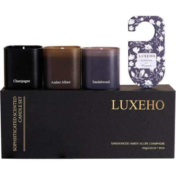 Luxury Scented Candle Gift Set 3-Pack | Champagne, Sandalwood & Amber | Clean Soy Wax | for Women & Men (4.23 oz Each) | 75 Hour Burn Time