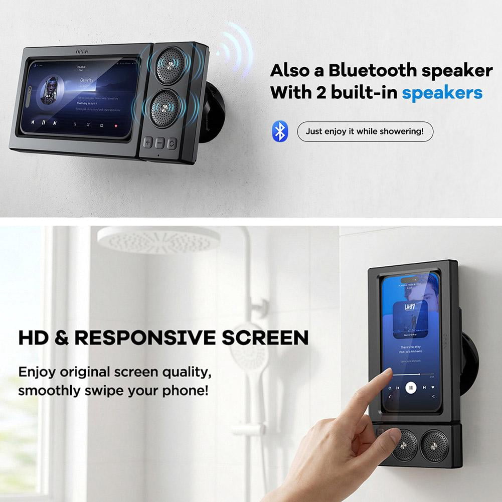 Shower Phone Holder with Bluetooth Speaker, IPX6 Waterproof Wall Mount Case, Rotatable Touchscreen Stand for Bathroom Kitchen, Gifts for Mom Dad Graduation
