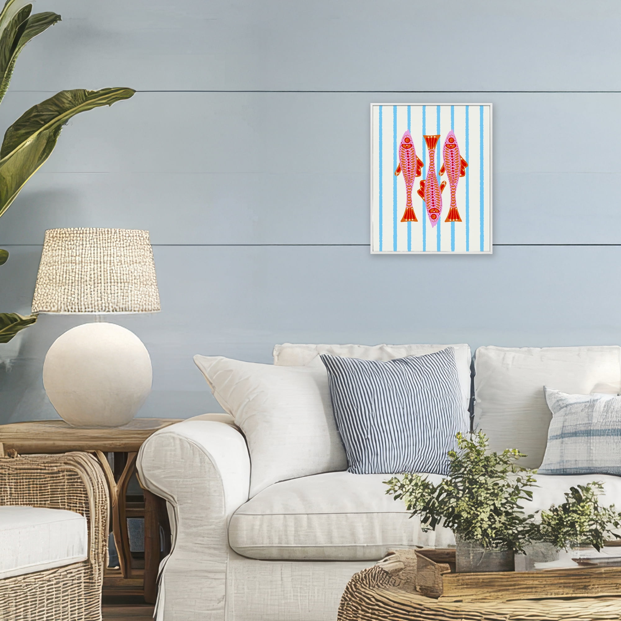 Stupell Industries Bright Aquatic Fish on Stripes White Framed Giclee Art, design by Indira Prieto | IndySign