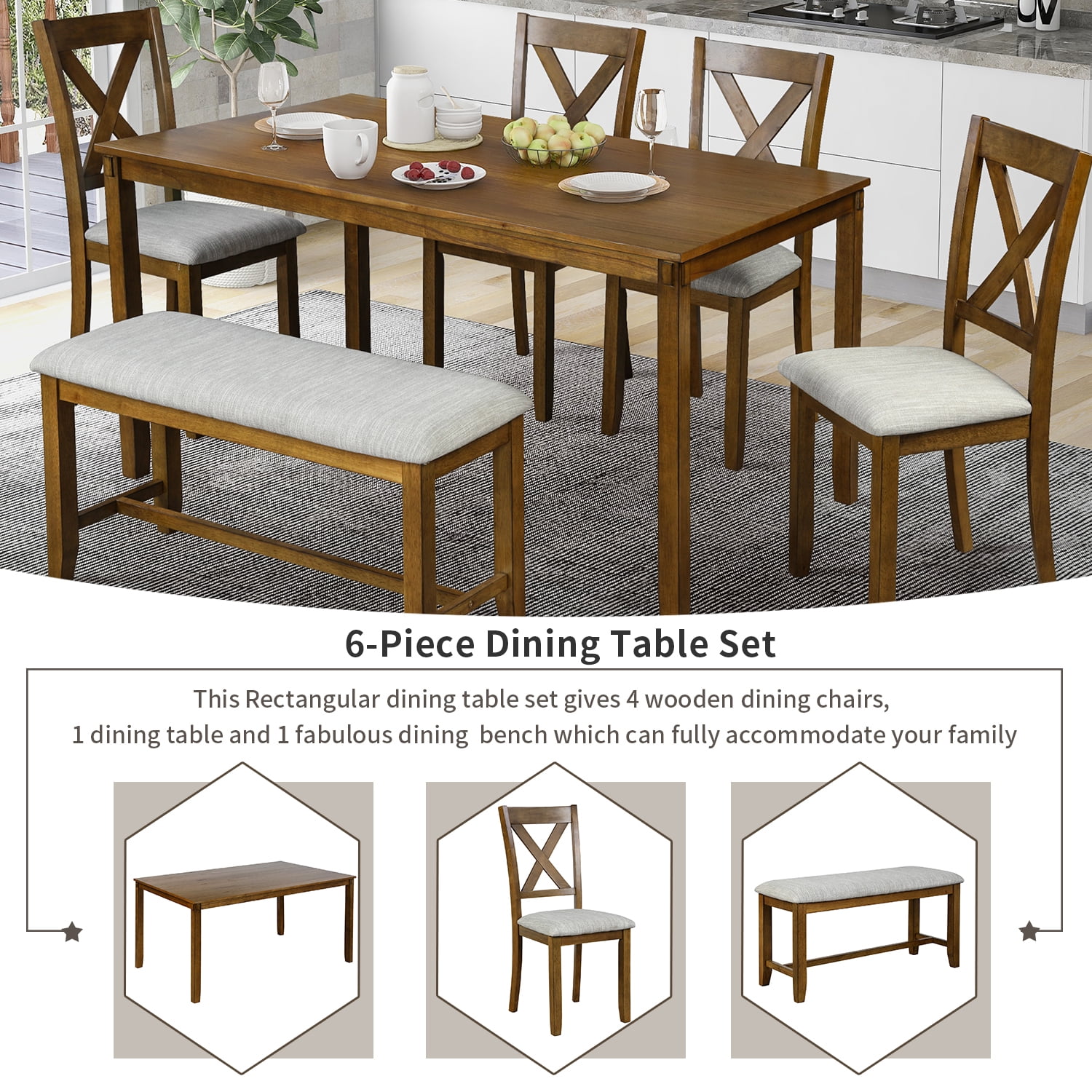Kadyn Rectangular Dining Table Set 6 Pc, Wooden Modern Dining Chairs Seat, 6-piece Kitchen Dining Table Set Dining Table, 4 Dining Chairs and Bench, Brown Kadyn Rectangular Dining Table Set 6 Pc, Wooden Modern Dining Chairs Seat, 6-piece Kitchen Dining Table Set Dining Table, 4 Dining Chairs and Bench, Brown