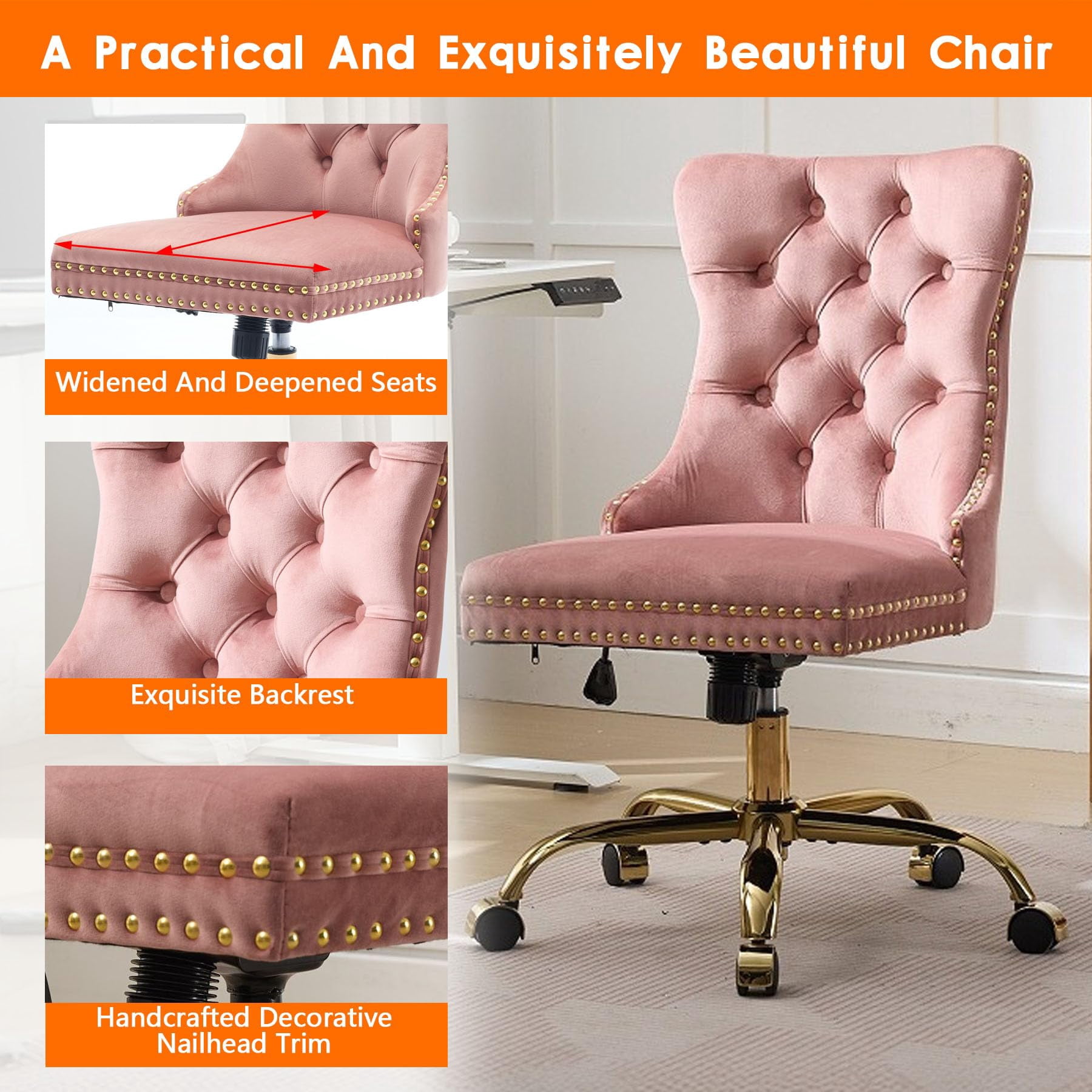 Pawverly Velvet Upholstered Office Chair, Tufted Button Swivel Desk Chair with Adjustable Height, Gold Metal Base & Wheels, Modern Vanity Chair, Pink