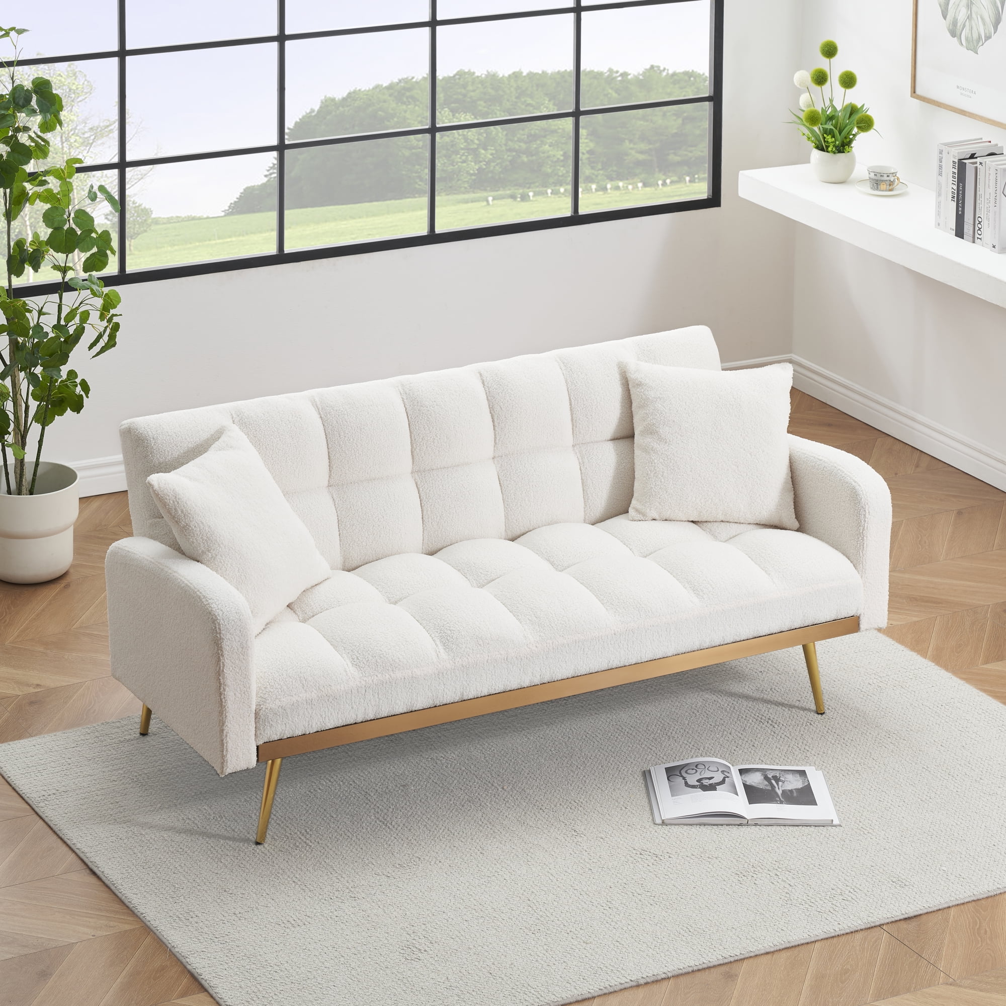 Convertible Futon Sofa Bed,69 Inch Modern Teddy Loveseat Sofa Couch with Adjustable Backrest for Small Space,Living Room,Beige