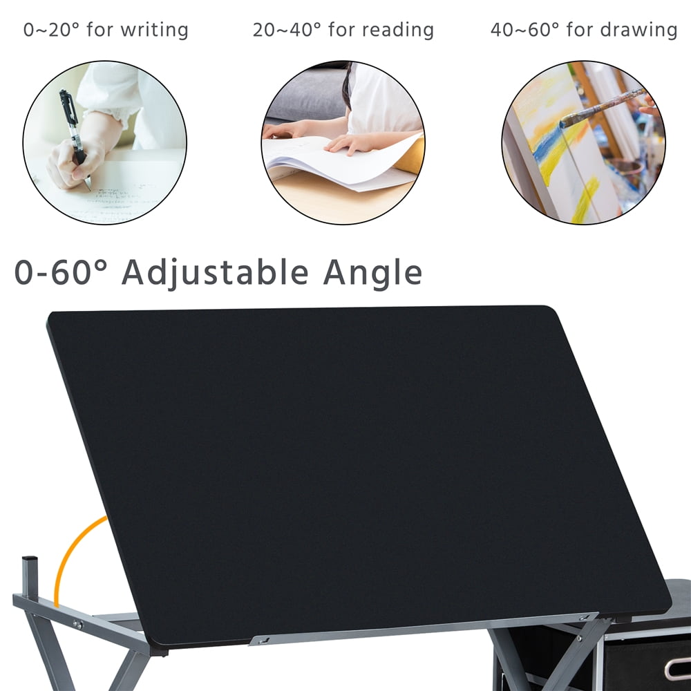 Easyfashion Folding and Adjustable Steel Drafting Table with Stool and Storage Drawers