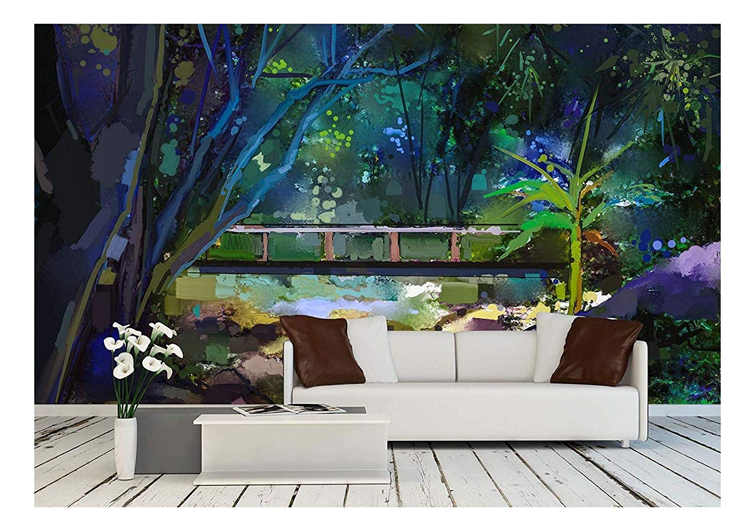 wall26 Oil Painting Landscape with Wooden Bridge Over Creek in Forest