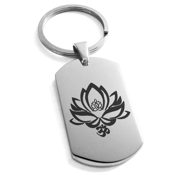 Tioneer Stainless Steel Healing Lotus Om Engraved Rectangular Dog Tag Keychain Keyring For Unisex 25mm.