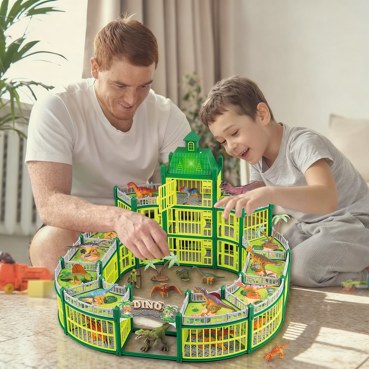 LINXUXIE 332PCS Dinosaur House Play Set with LED Light & Sound, Dinosaur Theme Park with 18 Realistic Dinos & Large Battle Cage, Dinosaur Toy for 1-3 3-5 5-8 Year Old