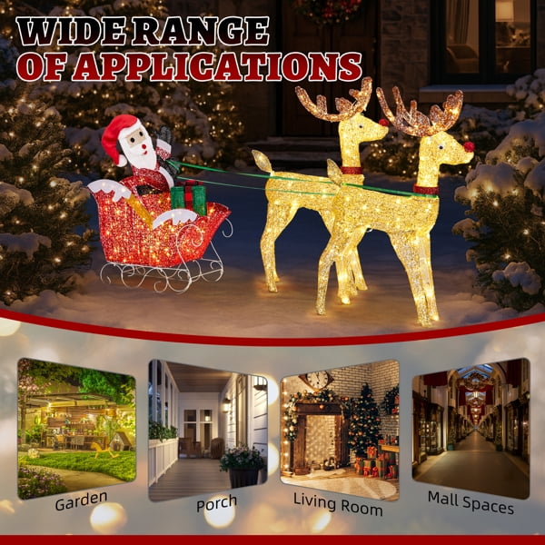 Alvantor 3-Piece Pre-Lit Reindeer and Santa Sleigh Christmas Decorations with 270 Warm White LED Lights, Indoor and Outdoor, Gold and Red