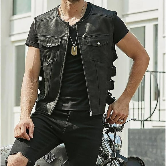 Jienlioq Winter Coats for Men Men's Solid Color Motorcycle Stand Up Collar Leather Punk Men's Camisole