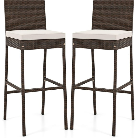 YEXJ Wicker Patio Barstools Set of 2, Outdoor Rattan Bar Chairs with Footrest & Backrest, Armless High Top Chairs with Seat Cushions for Backyard, Balcony-2-Mix Brown