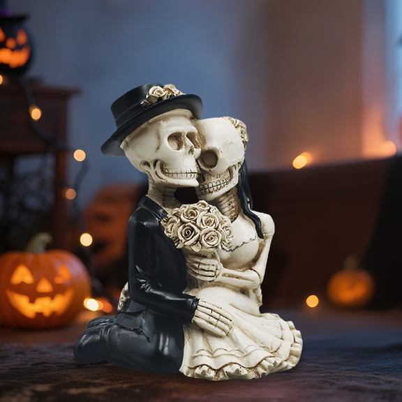 Skeleton Bride and Groom Statue,Skeleton Wedding Couple Resin Figurine Gothic Halloween Decor Dancing Skull Bride Groom Table Shelf Ornament Halloween Gift(A)