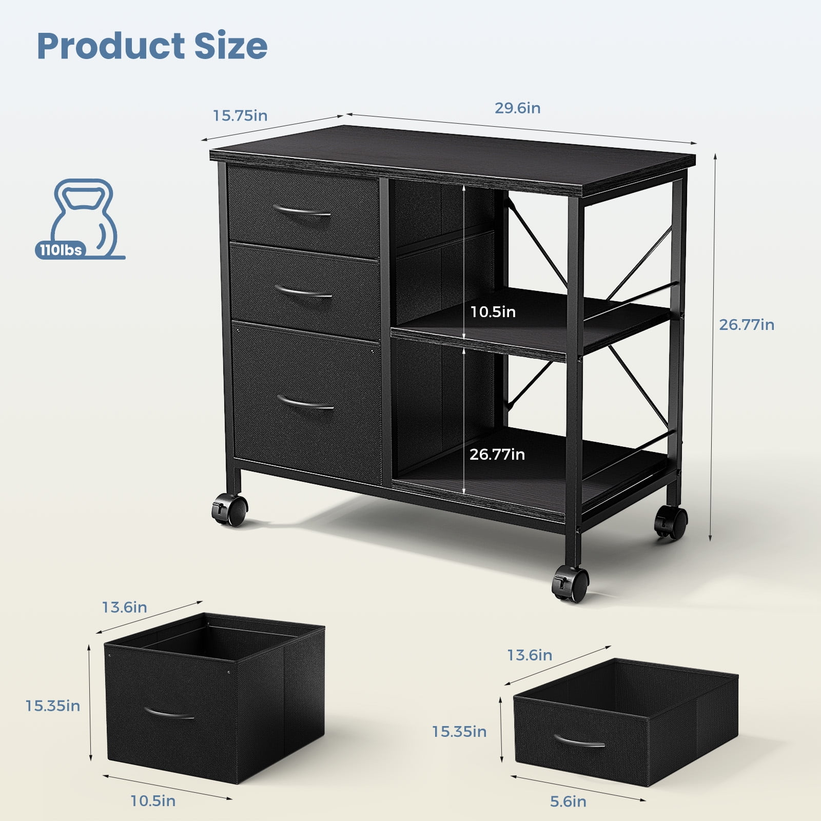 CONCETTA 3-Drawer Rolling File Cabinet with Open Shelf, Fabric Filing Storage for Home Office，Black