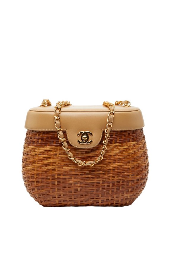 Pre-Owned Chanel Coco Mark Chain Shoulder Bag, Basket Brown, Beige, Rattan, Leather, Women's,...