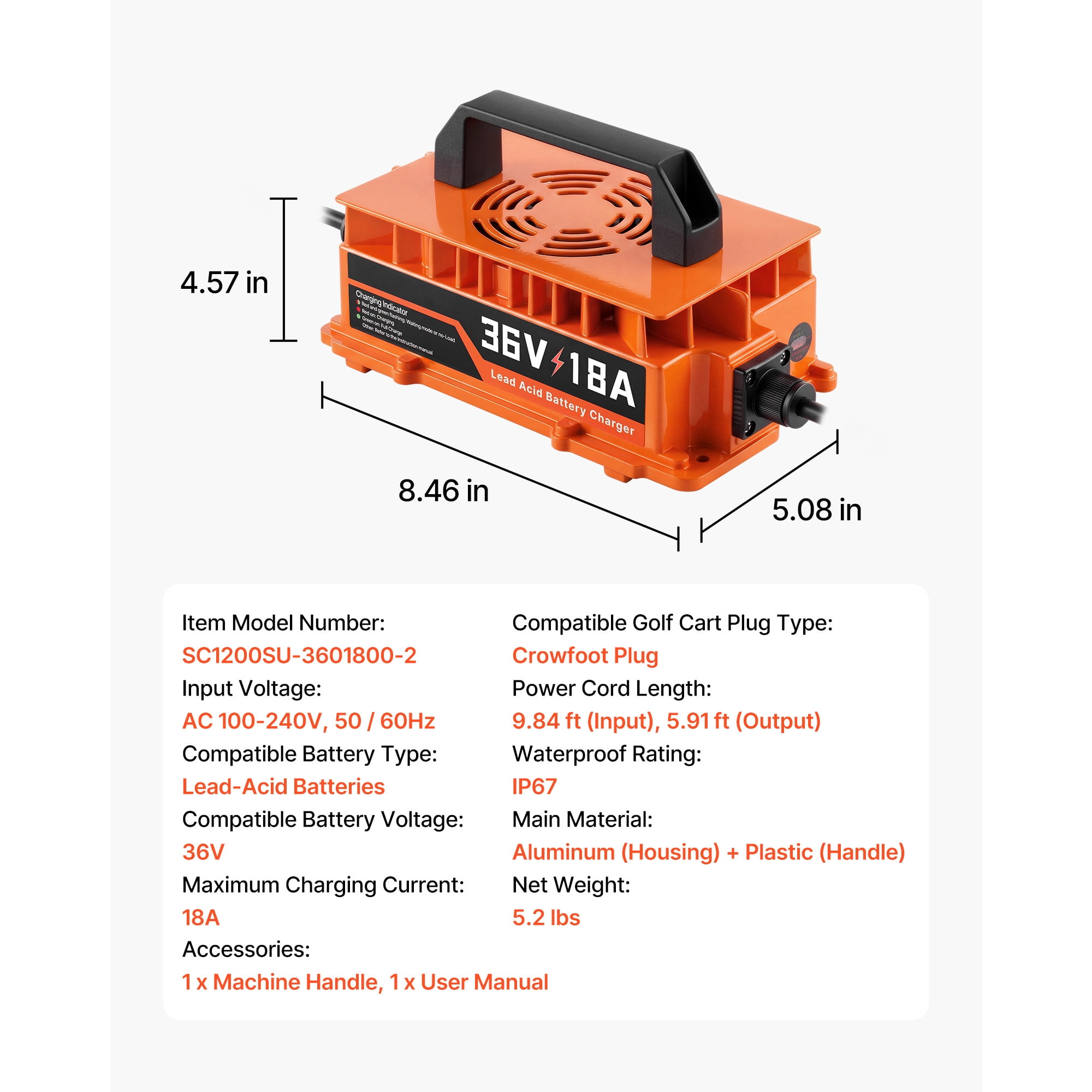 KFFKFF 36V 18A Golf Cart Battery Charger with Crowfoot Plug,Compatible with Lead Acid Batteries,Durable Aluminum Alloy Shell,Trickle Charging Function,LED Indicator,Cooling Fan,IP67 Waterproof Design