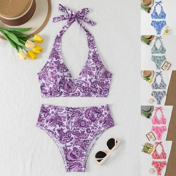 Babcutegg Women's High Waisted Bikini Set 2 Piece Drawstring Adjustable Swimsuit Ruched Top Tie Side Bottom Bathing Suit Purple Size M