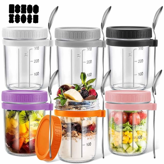 Recipientes de Avena,6 pcs 350ML Tarros de Vidrio con Tapa Hermética y Cuchara, con etiquetas,Adecuado para granos, frutas, verduras, ensaladas de leche, comidas de yogur