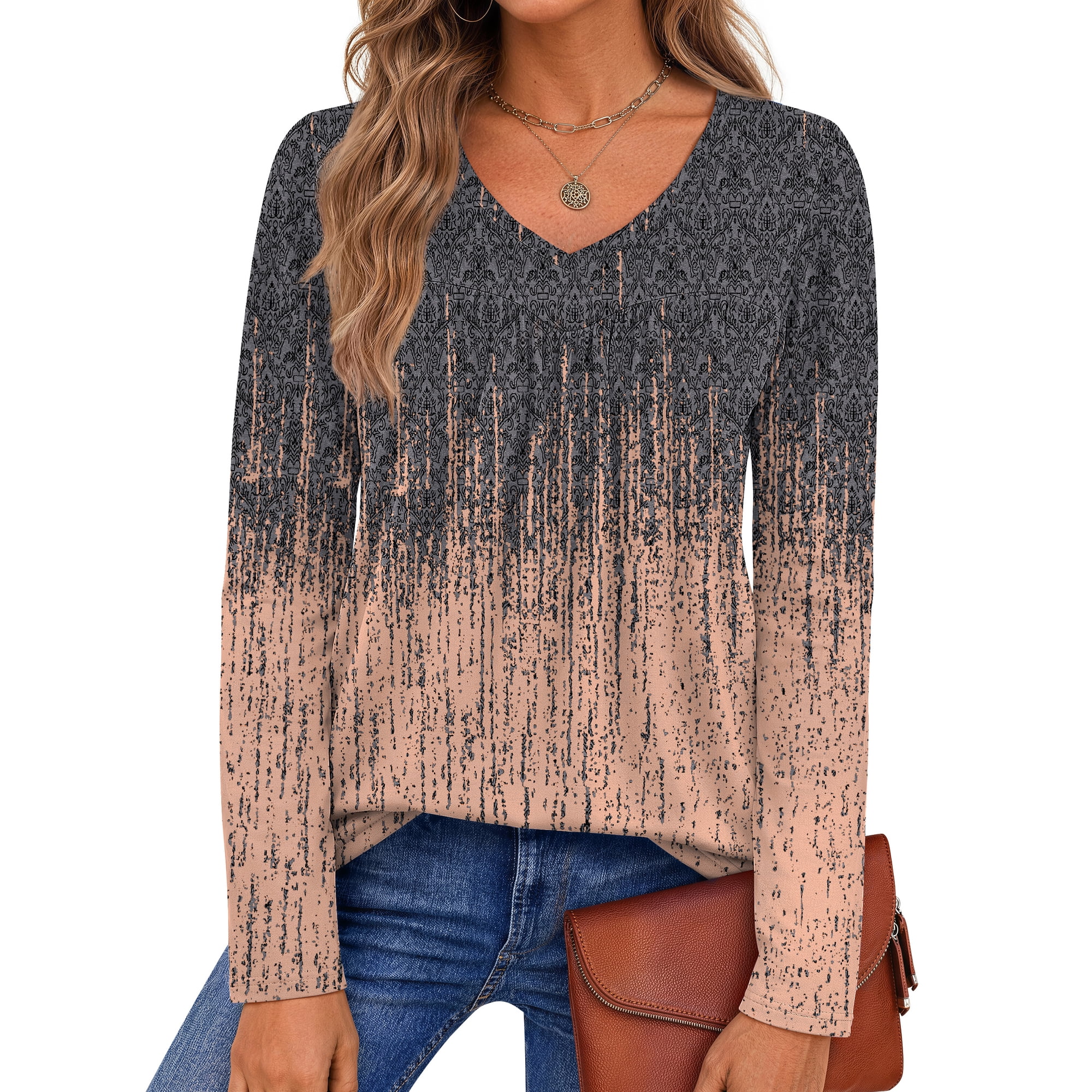 Fantaslook Womens Tops Dressy Casual Pleated Blouses V Neck Long Sleeve Shirts Fall Tunic Tops