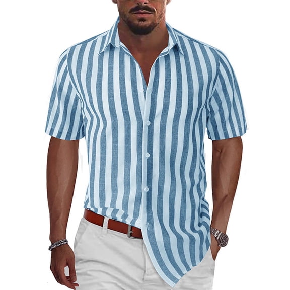 Casual Button Up Shirts for Men Striped Print Short Sleeve Tops for Seaside, lightweight Summer Tops