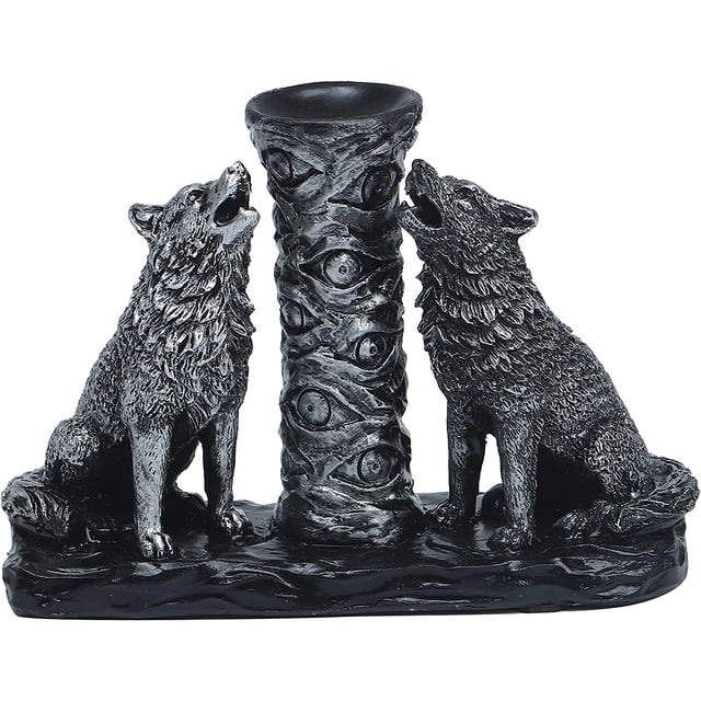 Two Silver Wolves Figurine Howling Wolf Statue Display Stand Sphere Base Holder for Crystal Ball Glass Pedestal Crystal Sphere