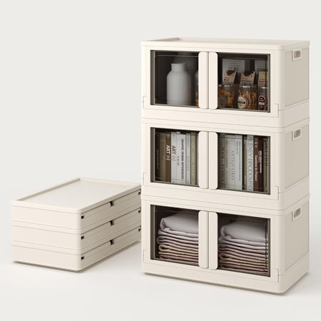 228 QT Stackable Storage Bins With Lids Collapsible Plastic Storage Bins Closet Organizers and Containers with Doors and Built-in Wheels For Home 3 Pack Cubes Milky White