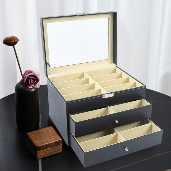 Eyeglasses Storage Box, 24 Grid 3 Layer Sunglasses Organizer, Sunglasses Display Box, Carbon Fiber Eyeglasses Holder, Sunglass Glasses Case Organizer, Multiple Sunglass Collection Holder