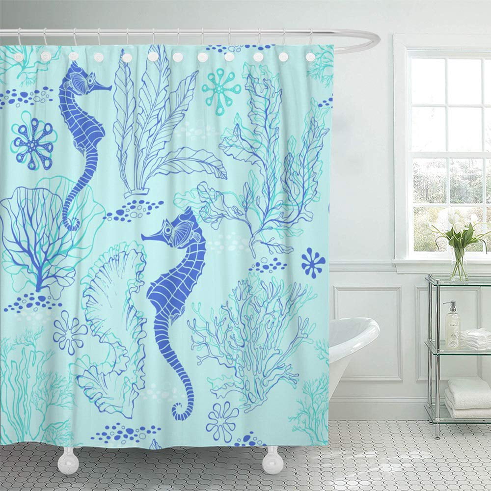 Turquoise Shower Curtain Mermaid With Seahorse Print for Bathroom 
