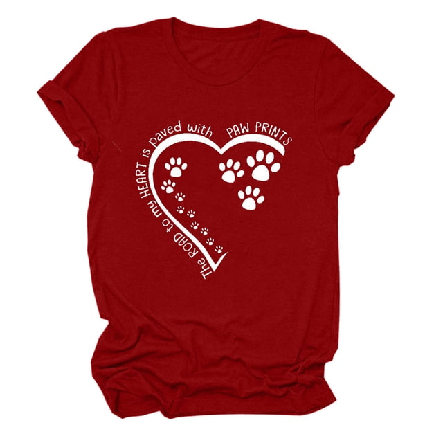 Meichang T-Shirts de la Saint-Valentin pour Femmes Hauts Mignons Imprimé Cœur Vacances Col Rond Hauts Décontractés Manches Courtes Cadeaux T-Shirts Blouses Liquidation de Printemps