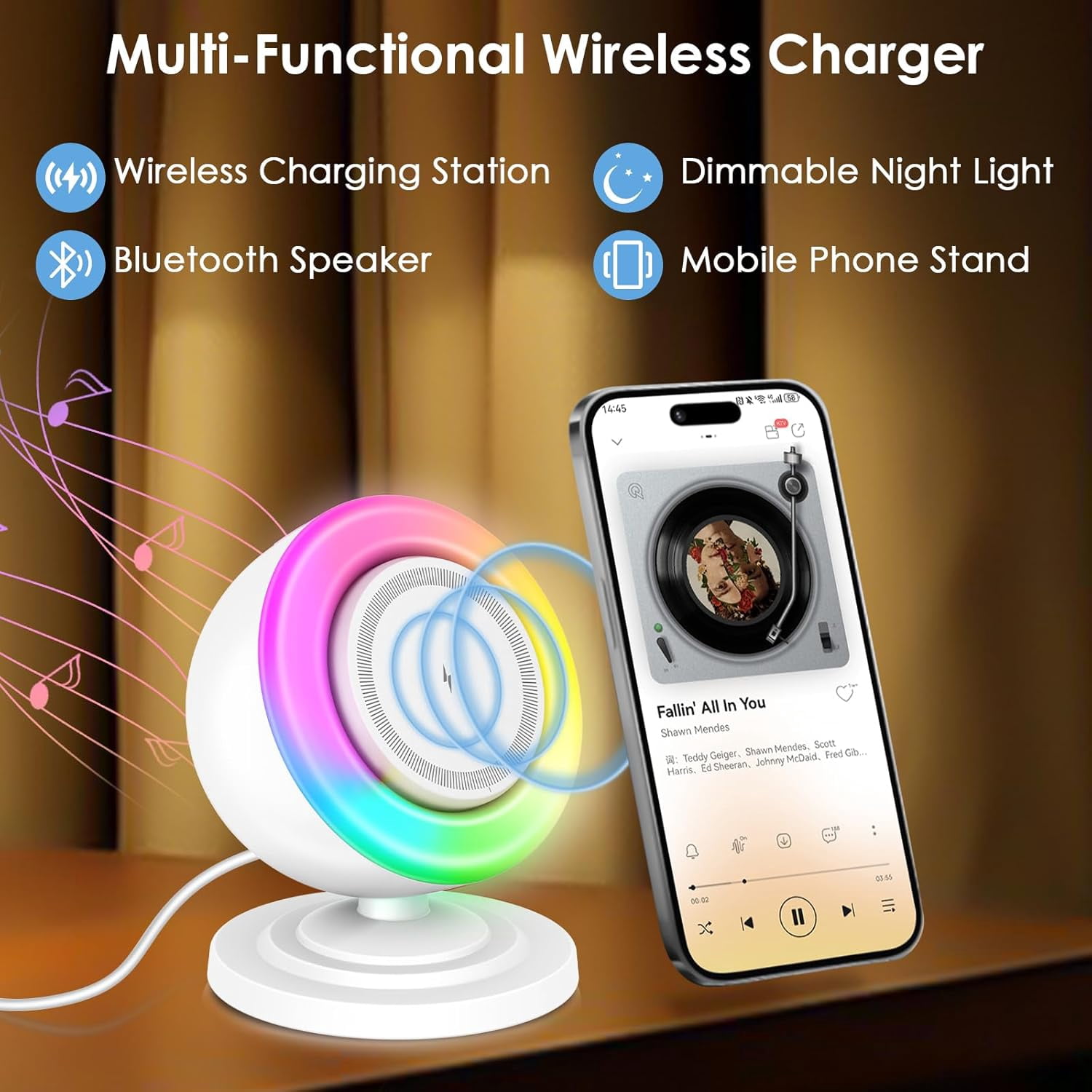 Magnetic Wireless Charger with Bluetooth Speaker and Night Lights, 4 in 1 Charger Stand for iPhone 12-16 Series,Charge While Listening to Music with RGB Lights for Home Decor, Bedroom, Office Charger
