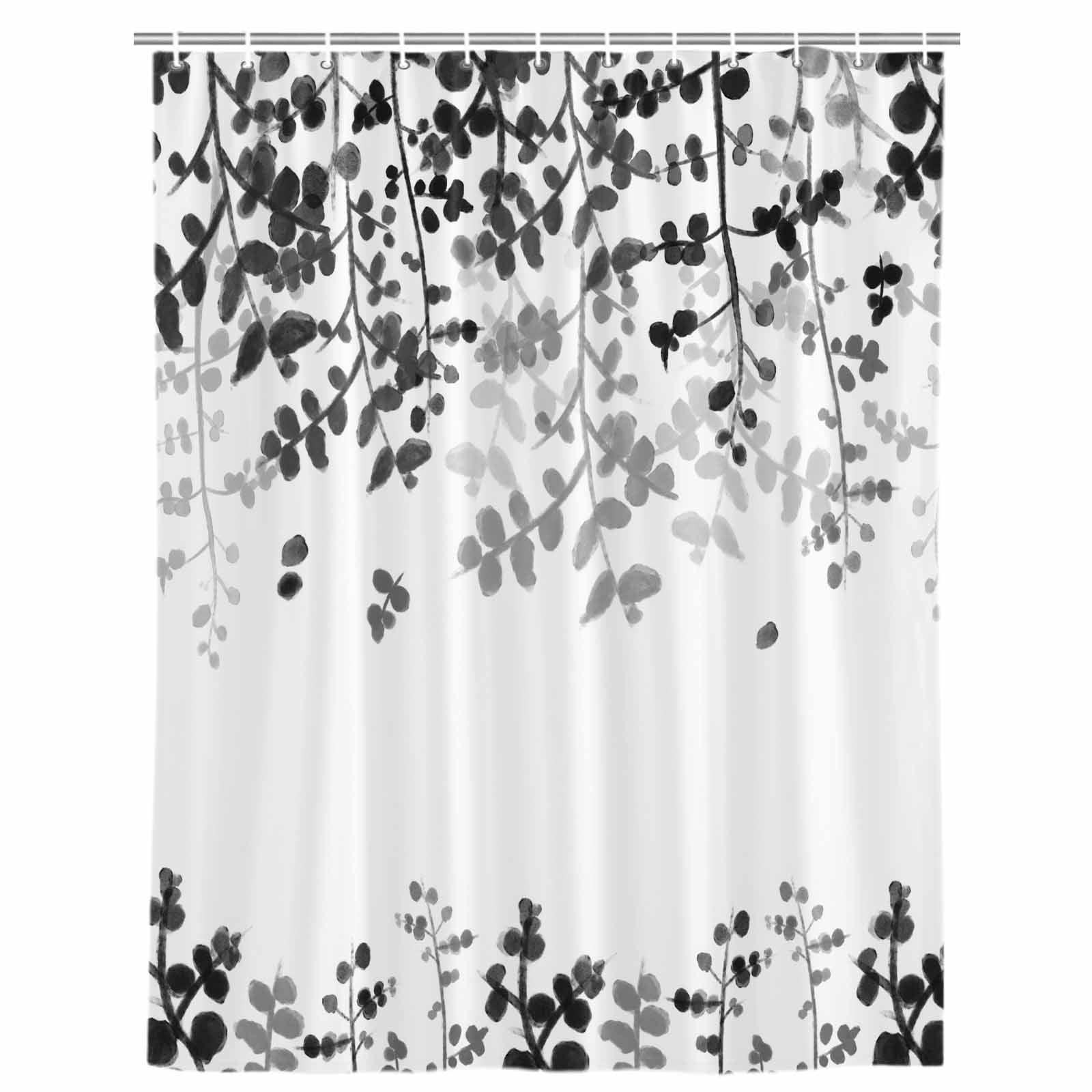 Black Leaves Shower Curtain, Waterproof Shower Curtains for Bathroom, Summer Botanical Washable Fabric Bathtub Curtain Set Bath Decor with 12 Hooks 48"x72"