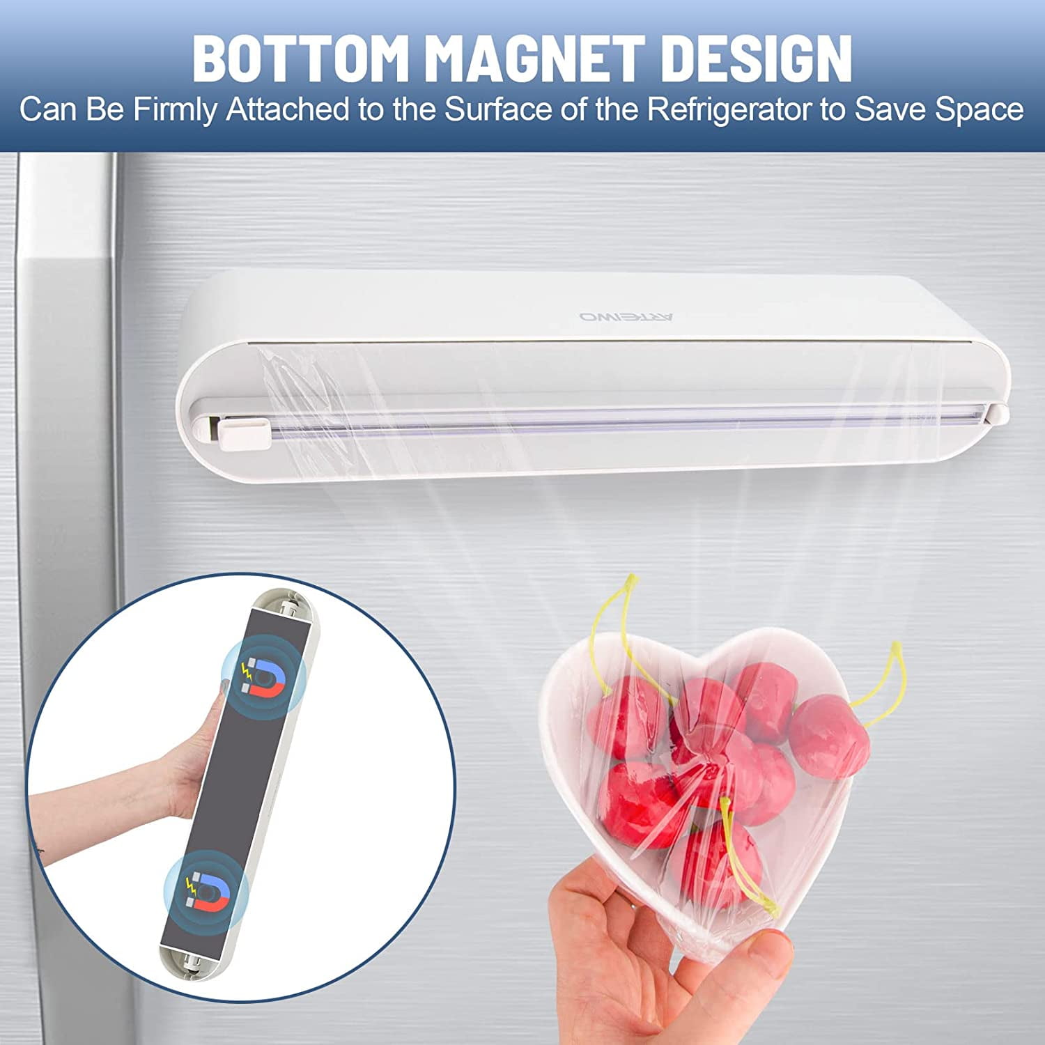 Magnetic Refillable Plastic Wrap Dispenser With Cutter, Tin Aluminum Foil Dispenser with Cutter, Sturdy Food Cling Wrap Film Cutter, 12 Inch X 328 Feet Plastic Wrap Included…