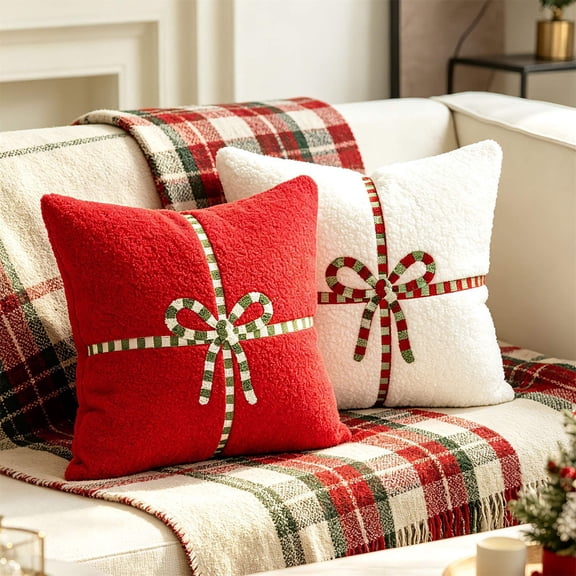 Christmas Home Decor Fuzzy Christmas Throw Pillow Gift Box Striped Bow Decorative Cushion Soft PXmas Sofa Couch Decorative Pillow For Home Decor