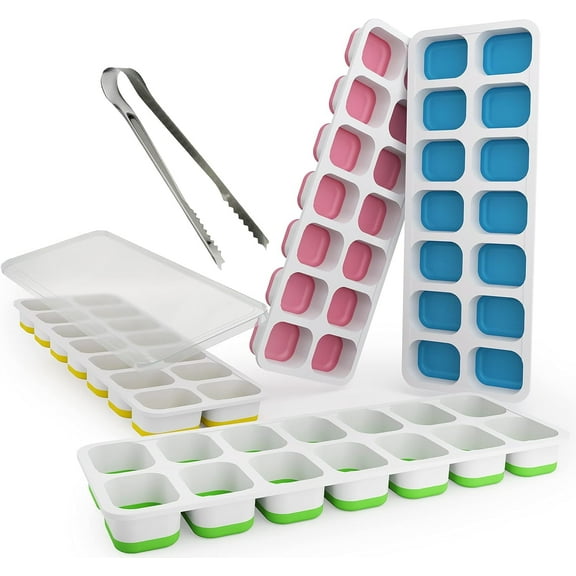 Ice Cube Tray with Lid & Stainless Steel Tongs - Large for Freezer, Cocktails - Stackable, BPA Free & Odor Free - Plastic & Silicone
